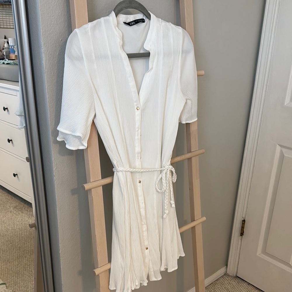 White Mini Dress with 3/4 Cuffed Sleeves and Mandarin Collar